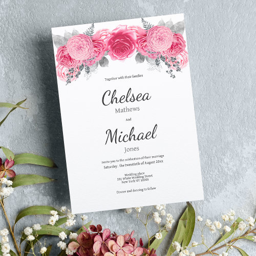 Glam silver glitter white pink floral wedding invitation