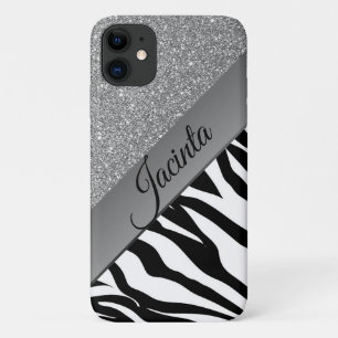 Glam Silver Glitter Zebra Print Personalized iPhone 11 Case