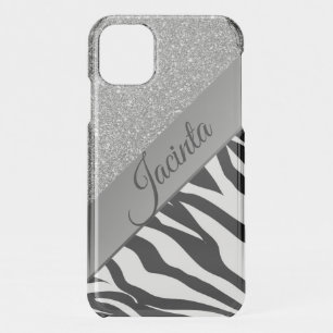 Glam Silver Glitter Zebra Print Personalized iPhone 11 Case