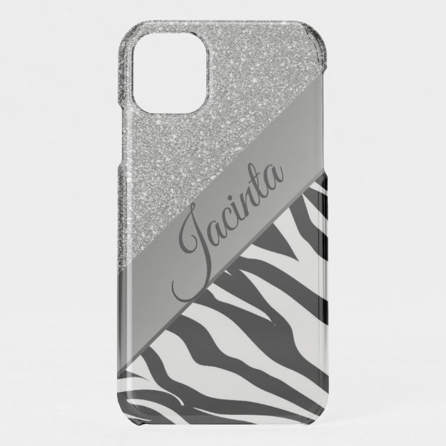 Glam Silver Glitter Zebra Print Personalized Uncommon iPhone Case (Back)