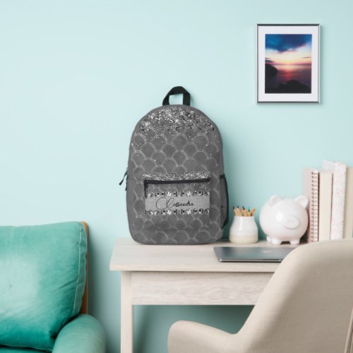 Glam Silver Glittery Diamond Bling Personalized Printed Backpack