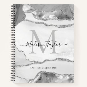 Glam Silver Gray Agate Geode Monogram Script Name Notebook