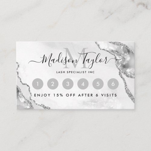 Glam Silver Gray Glitter Agate Marble Monogram Loyalty Card