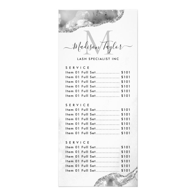 Glam Silver Gray Glitter Agate Marble Monogram Rack Card (Front)