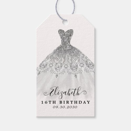 Glam Silver Gray Glitter Dress Birthday Thank You Gift Tags