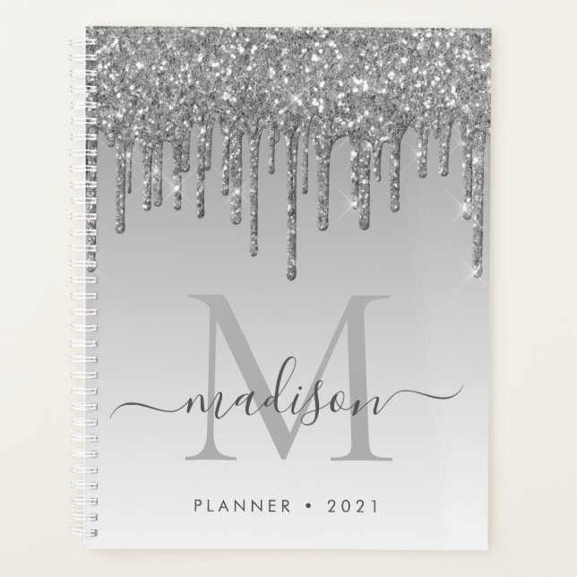 Glam Silver Gray Glitter Drips Girly Monogram 2021 Planner (Front)
