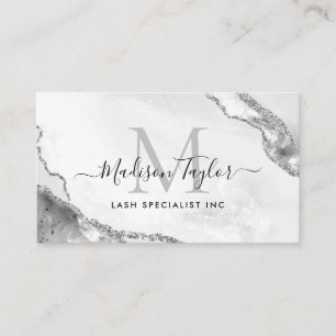 Glam Silver Gray Glitter Marble Agate Monogram QR Business Card