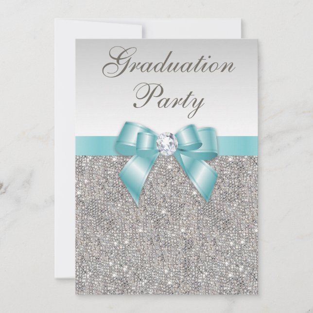 Glam Silver Jewels Teal Bow Girls Graduation Party Invitation (Front)
