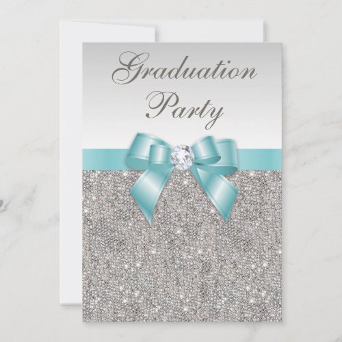 Glam Silver Jewels Teal Bow Girls Graduation Party Invitation