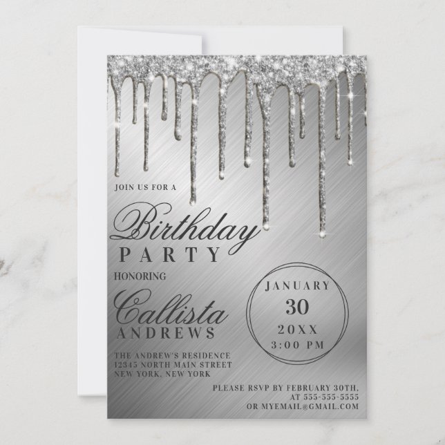 Glam Silver Metallic Glitter Drips Birthday Invitation (Front)