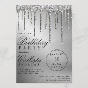Glam Silver Metallic Glitter Drips Birthday Invitation