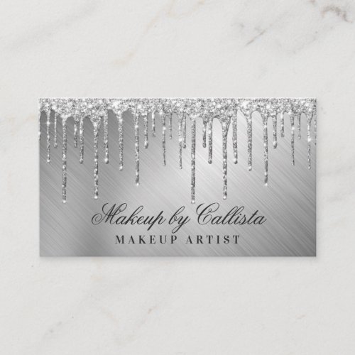 Glam Silver Metallic Glitter Drips Makeup Business Card