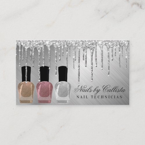 Glam Silver Metallic Glitter Drips Nail Polish Business Card