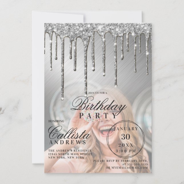 Glam Silver Metallic Glitter Drips Photo Birthday Invitation (Front)