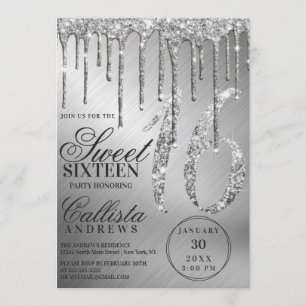 Glam Silver Metallic Glitter Drips Sweet 16 Invitation