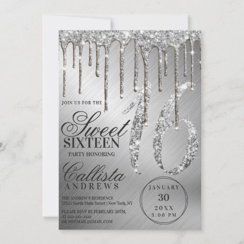Glam Silver Metallic Glitter Drips Sweet 16 Invitation