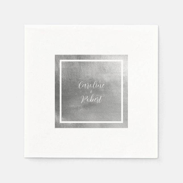 Glam Silver Metallic & White Wedding Cocktail Napkins (Front)