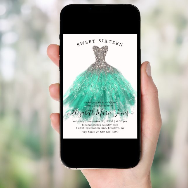 Glam Silver Mint Sparkle Dress Sweet 16th Birthday Invitation (Front Digital)