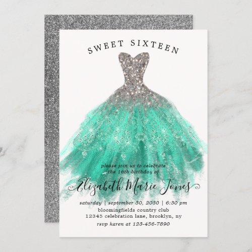 Glam Silver Mint Sparkle Dress Sweet 16th Birthday Invitation