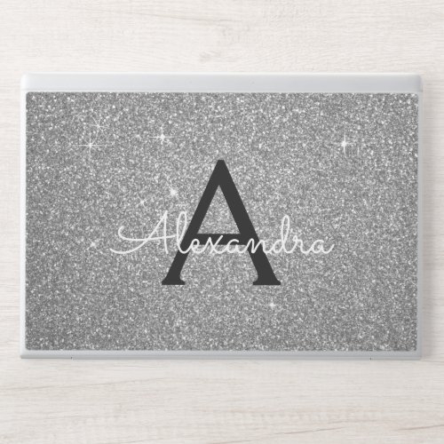 Glam Silver Modern Glitter Sparkle Monogram HP Laptop Skin