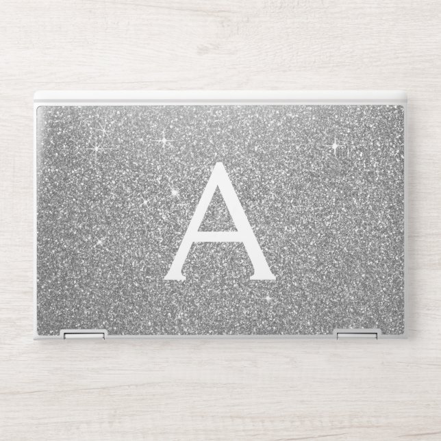 Glam Silver Modern Glitter Sparkle Monogram HP Laptop Skin (Front)
