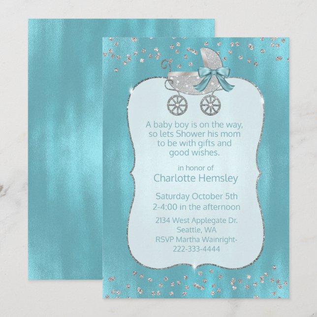 Glam Silver Pram Baby Shower Invitation (Front/Back)