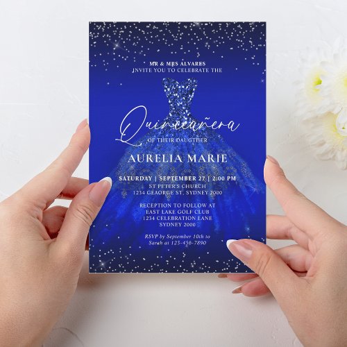 Glam Silver Royal Blue Princess Dress Quinceanera Invitation