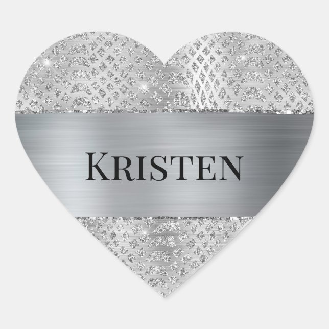 Glam Silver Snake Animal Print Heart Sticker (Front)