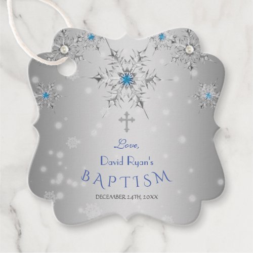 Glam Silver Snowflakes Crystal Blue Pearls Baptism Favor Tags