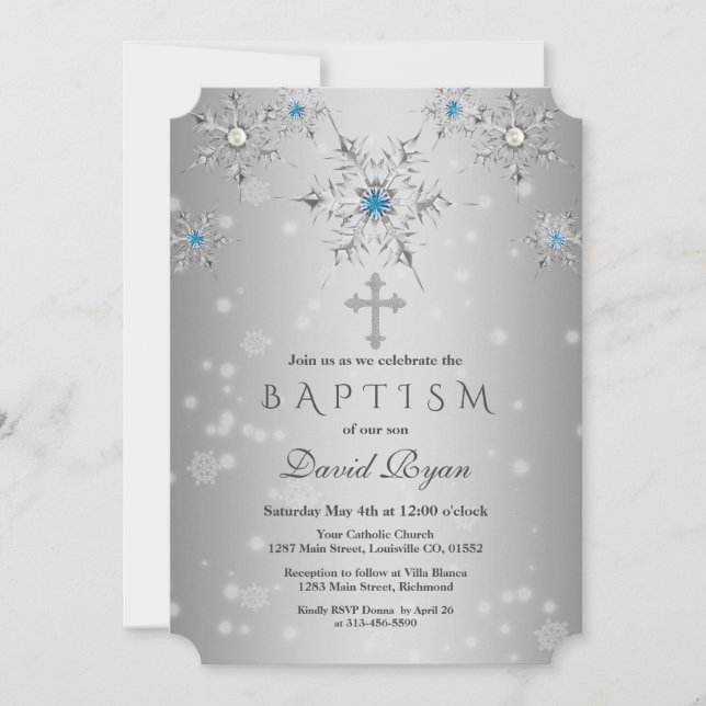 Glam Silver Snowflakes Crystal Blue Pearls Baptism Invitation (Front)