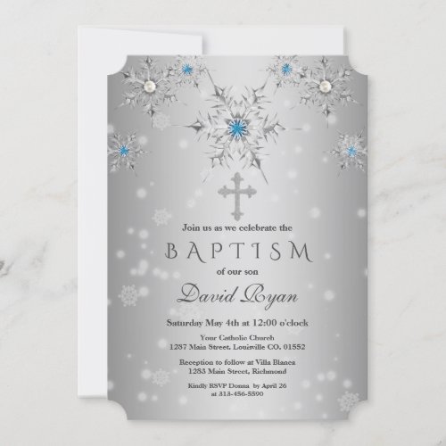 Glam Silver Snowflakes Crystal Blue Pearls Baptism Invitation