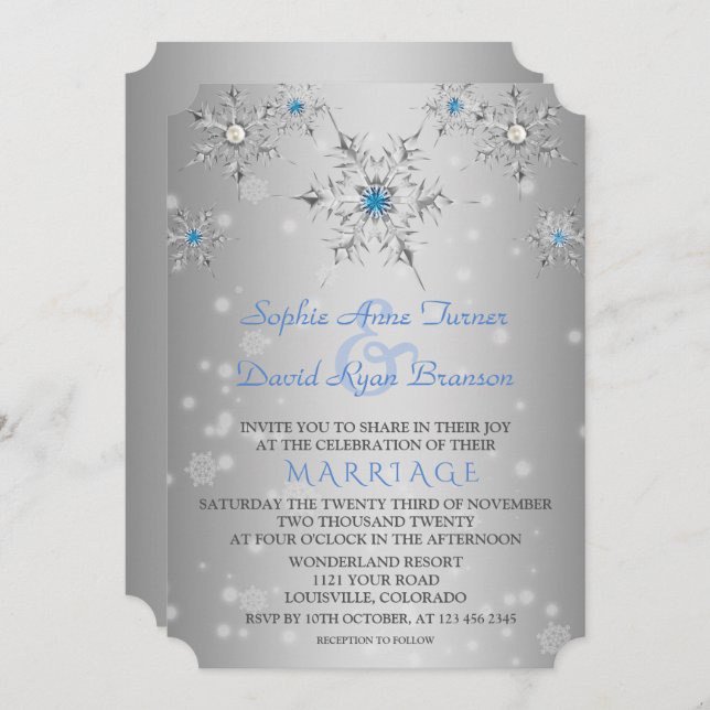 Glam Silver Snowflakes Crystal Blue Pearls Wedding Invitation (Front/Back)