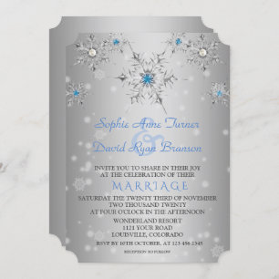 Glam Silver Snowflakes Crystal Blue Pearls Wedding Invitation