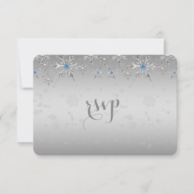 Glam Silver Snowflakes Crystal Pearl Wedding RSVP Card (Front)