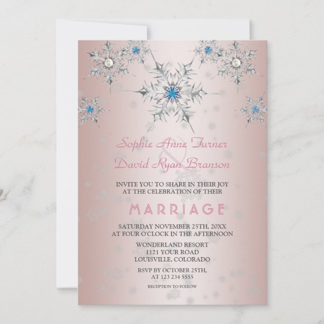 Glam Silver Snowflakes Crystals Blue Pearl Wedding Invitation (Front)