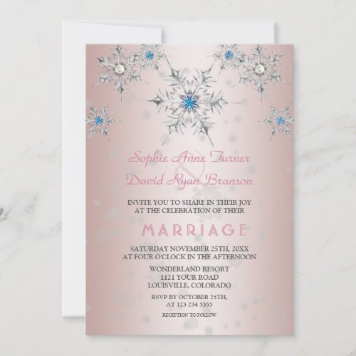 Glam Silver Snowflakes Crystals Blue Pearl Wedding Invitation