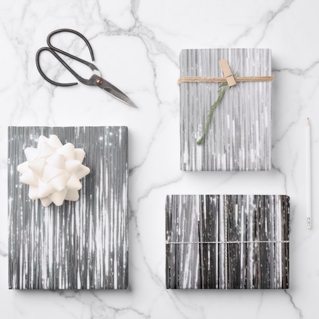 Glam Silver Stripes Wedding Wrapping Paper Sheets (Front)