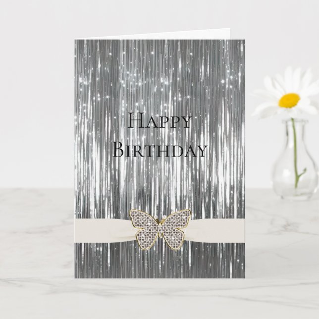 Glam Silver Tinsel Jeweled Butterfly Card (Small Plant)