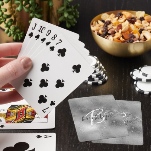 Glam Silver Trendy Script Monogram Poker Cards