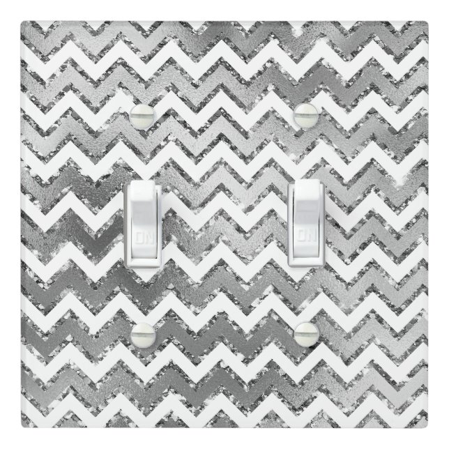 Glam Silver White Zigzag Stripes Light Switch Cover (In Situ)