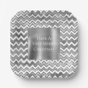 Glam Silver White Zigzag Stripes Paper Plates