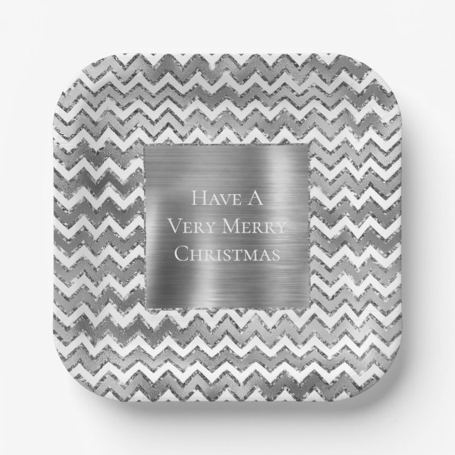 Glam Silver White Zigzag Stripes Paper Plates (Front)