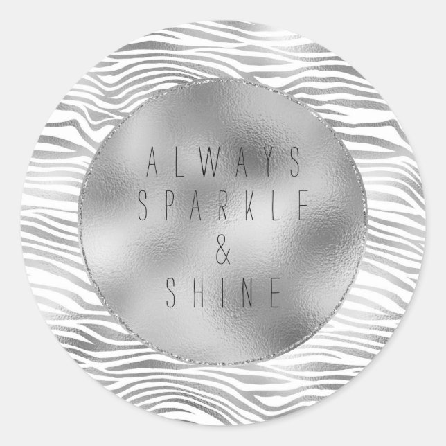 Glam Silver Zebra Print Classic Round Sticker (Front)