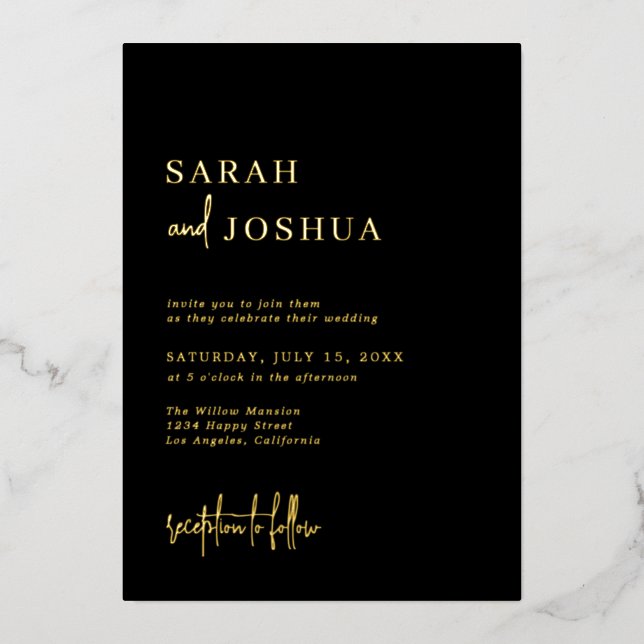 Glam Simple Calligraphy Script Wedding Black Gold  Foil Invitation (Front)