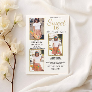 Glam Simple Elegant White Gold Photo Sweet 16 Invitation