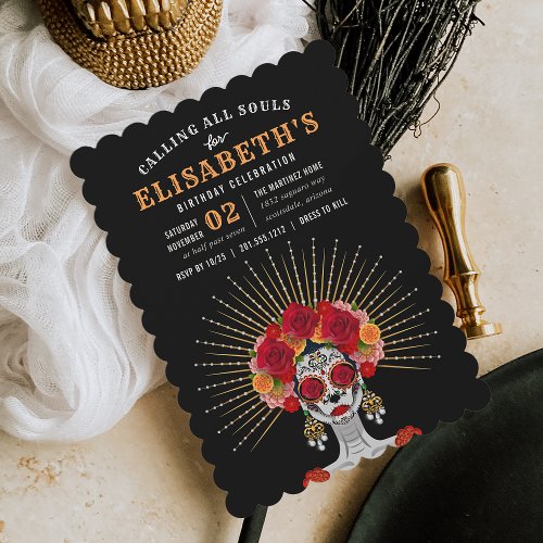 Glam Skeleton Day of the Dead Theme Birthday Party Invitation