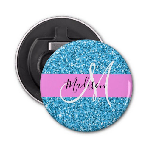 Glam Sky Blue Pink Glitter Sparkles Name Monogram Bottle Opener