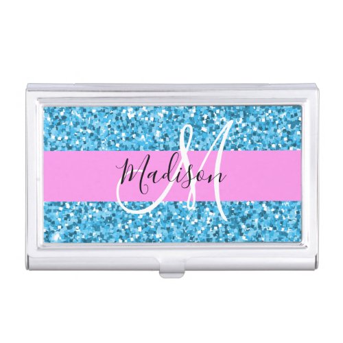 Glam Sky Blue Pink Glitter Sparkles Name Monogram Business Card Case