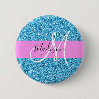 Glam Sky Blue Pink Glitter Sparkles Name Monogram Button