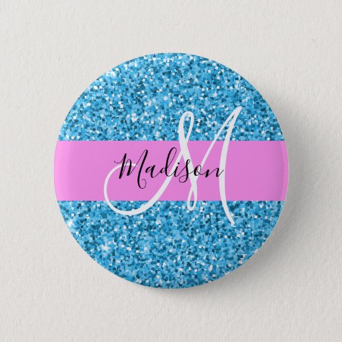 Glam Sky Blue Pink Glitter Sparkles Name Monogram Button